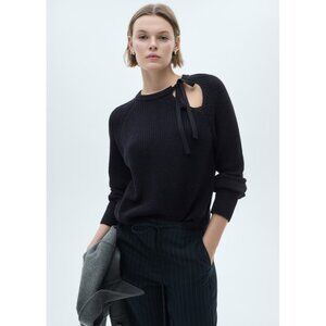 Mango Black Crew Neck Sweater with Bow Detail